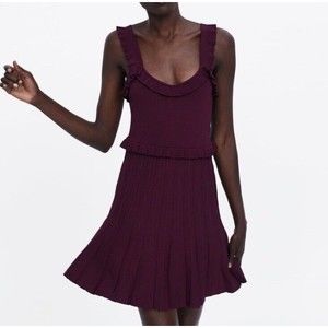 Zara Dark Purple Knit Ruffle Pleated Mini Dress Size Small